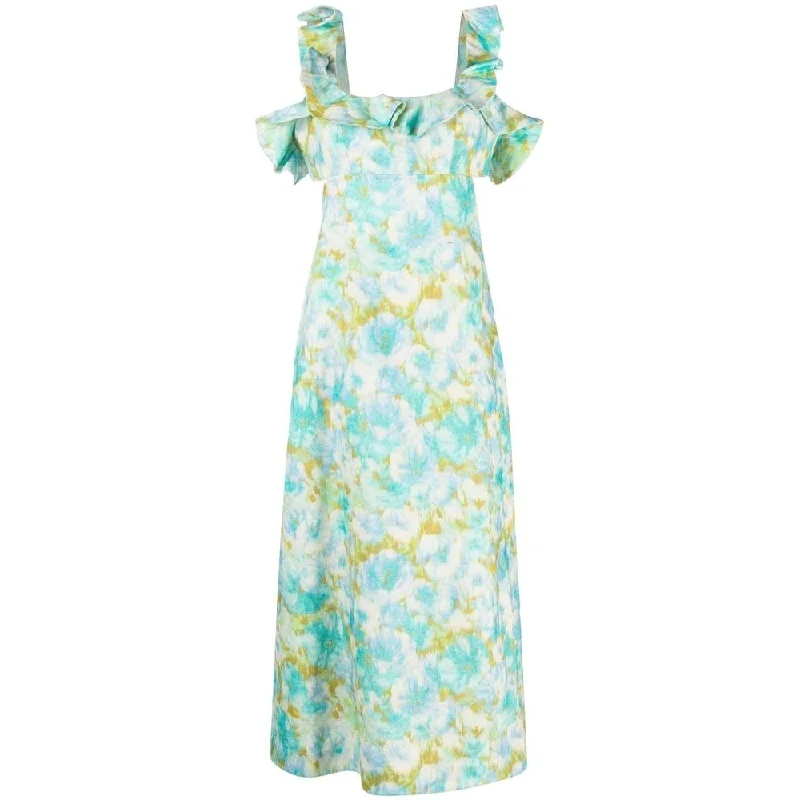 women's wrinkle-resistant dressesZimmermann High Tide Frilled Midi Aqua Ikat Floral