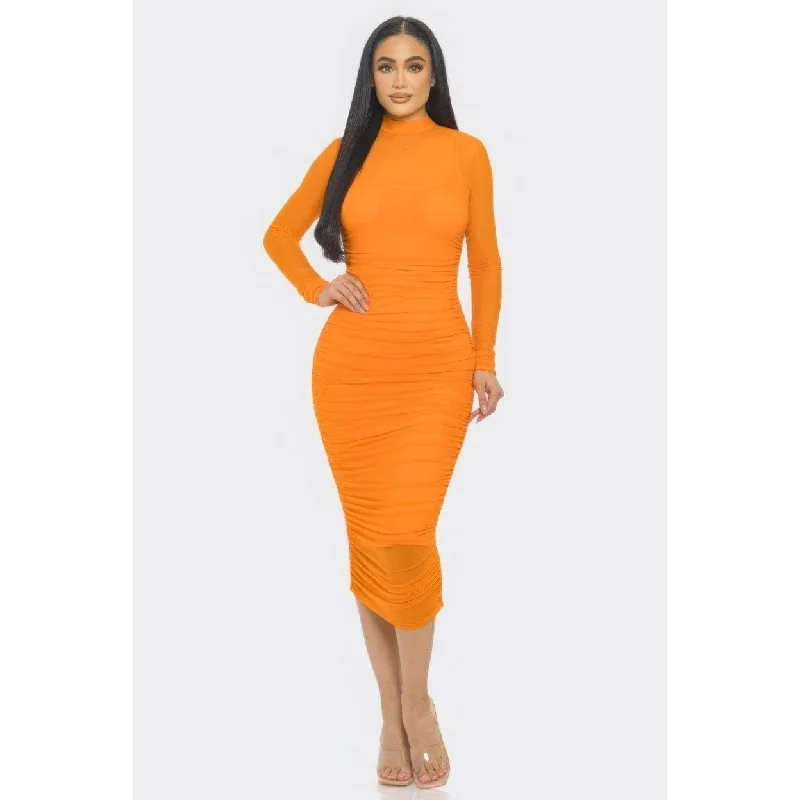 Zip-Up DressSolid Mesh Ruched Midi Dress