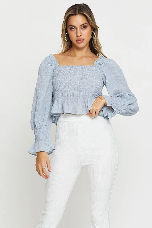 women's tops for everyday eleganceBlue Peasant Blouse Long Sleeve Crop