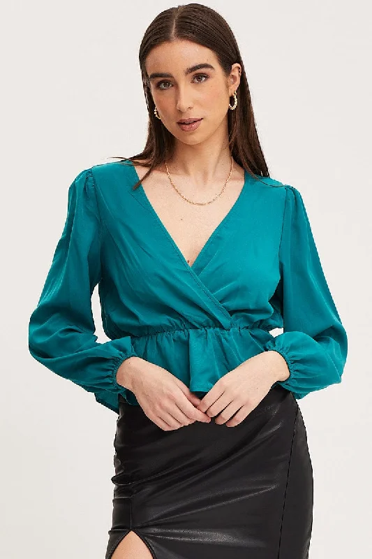 women's tops for those who seek both style and comfortBlue Wrap Front Top Long Sleeve