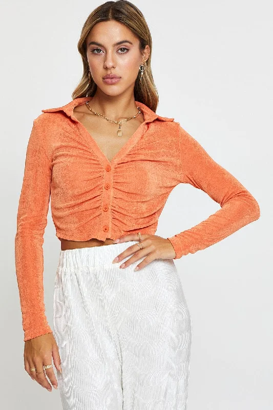 women's tops for everyday eleganceOrange Jersey Shirt Long Sleeve Ruche