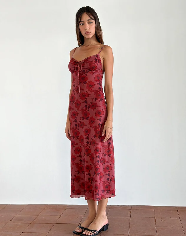 Designer DressCoya Midi Dress in Fairy Floral Burgundy Flock