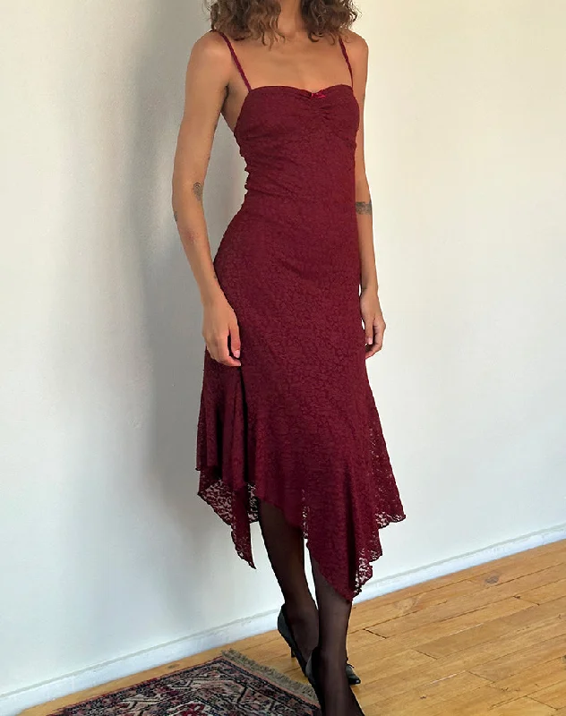 Peplum DressDrusilla Midi Dress in Rose Lace Burgundy