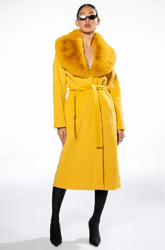 women's coats for snowboardingAZALEA WANG PRINCESS YELLOW TRENCH WITH FUR COLLAR