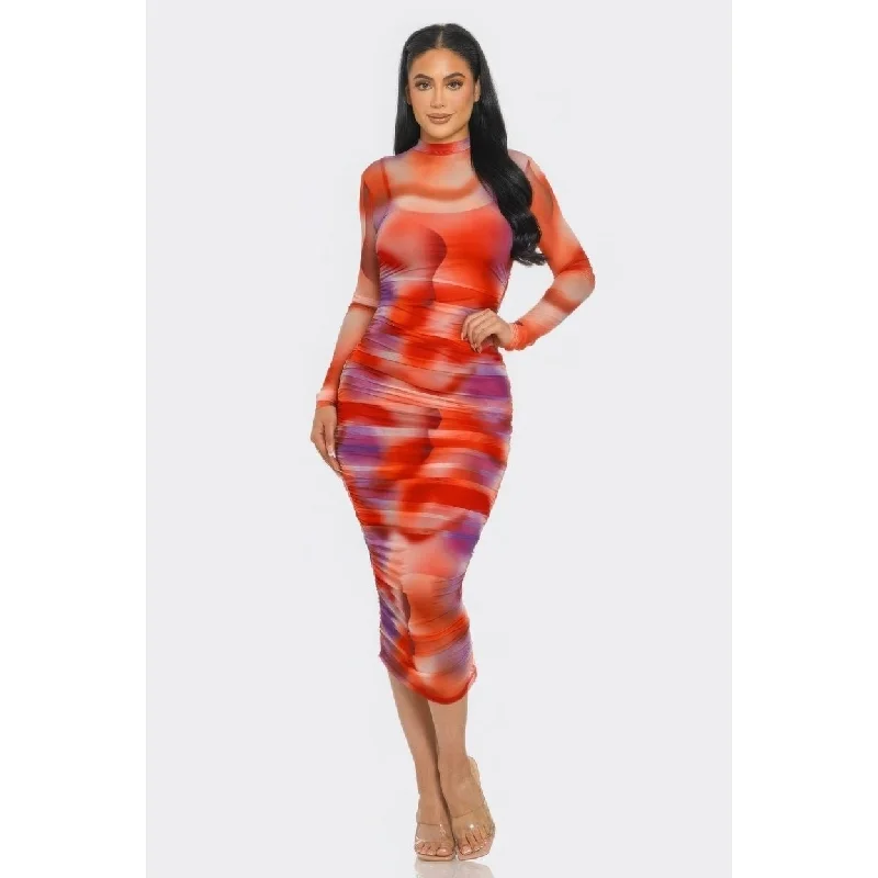 Bohemian DressSummer Heat Print Mesh Ruched Midi Dress