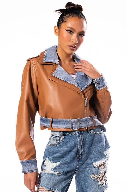 women's coats for smart casual looksDOUBLE TROUBLE DENIM MOTO JACKET