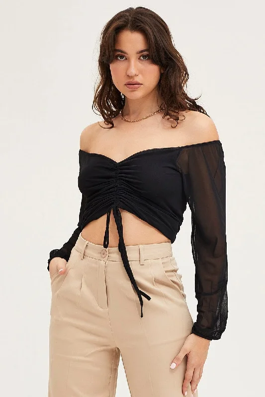 women's tops for those who want to create outfits that are both trendy and timelessBlack Ruched Top Long Sleeve Mesh