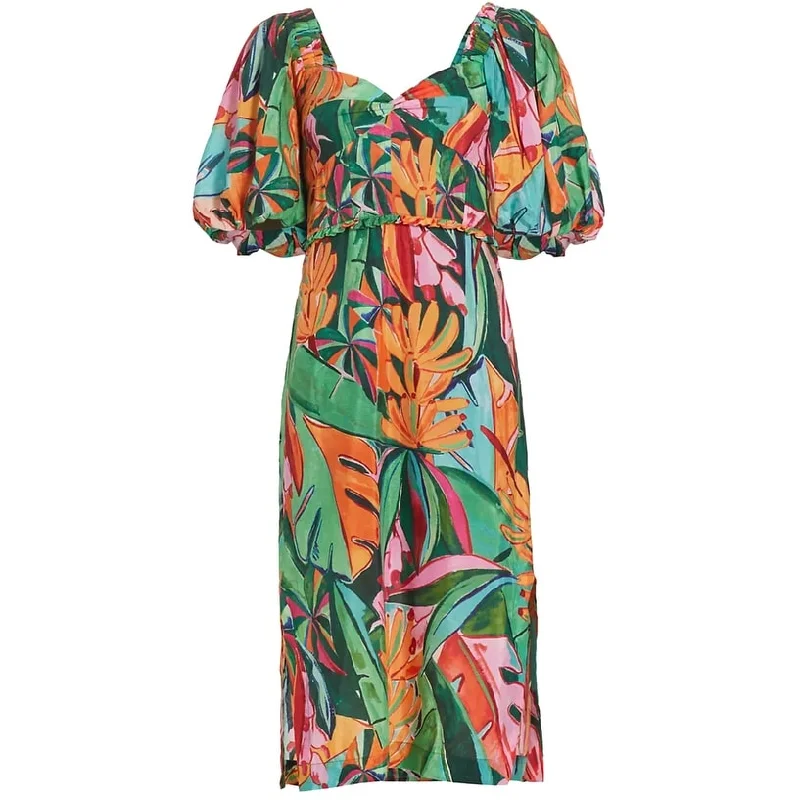 women's lightweight dressesFARM Rio Women's Puffed Sleeve Midi Dress, Banana Foliage Multicolor