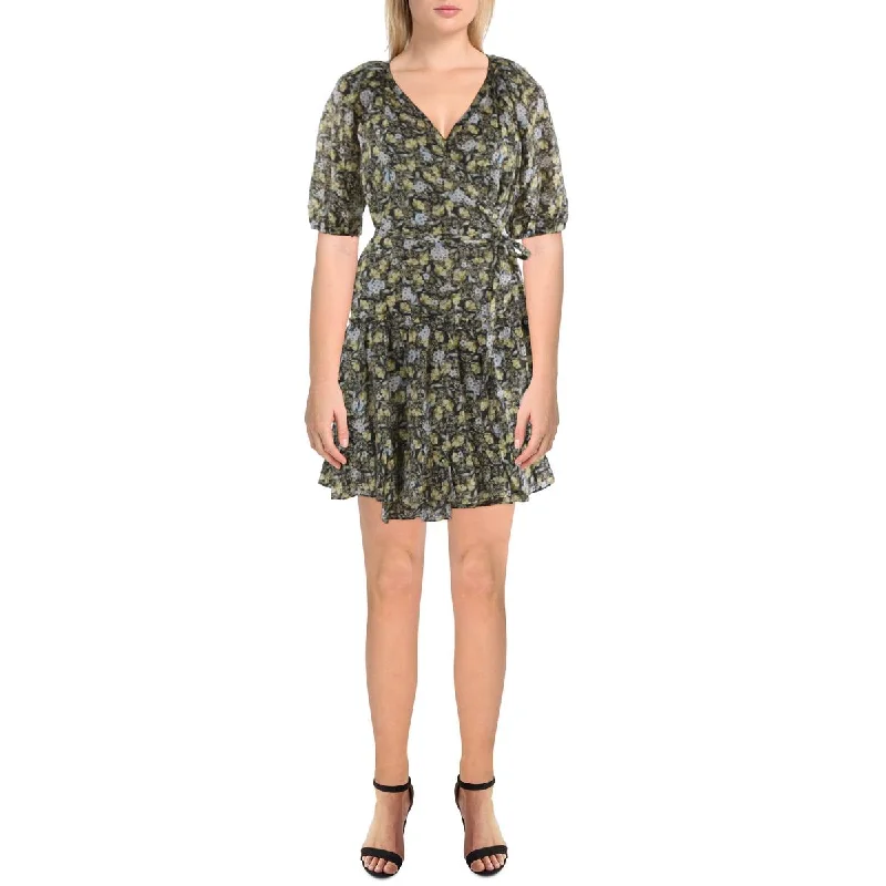 women's flutter-sleeved dressesCurrent Air Womens Floral Print Mini Wrap Dress