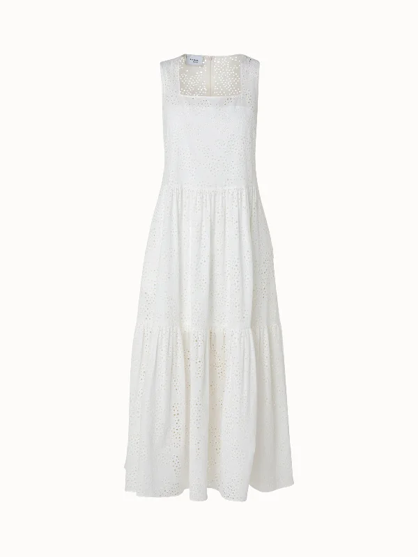 women's minimalist dressesMidi Dress in Tropical Leaves Eyelet Cotton Embroidery