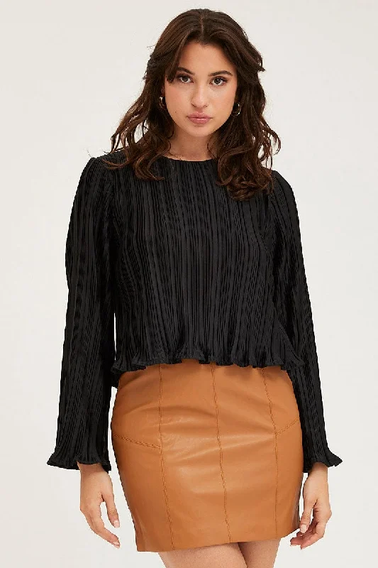 cropped women's topsBlack Plisse Top Long Sleeve