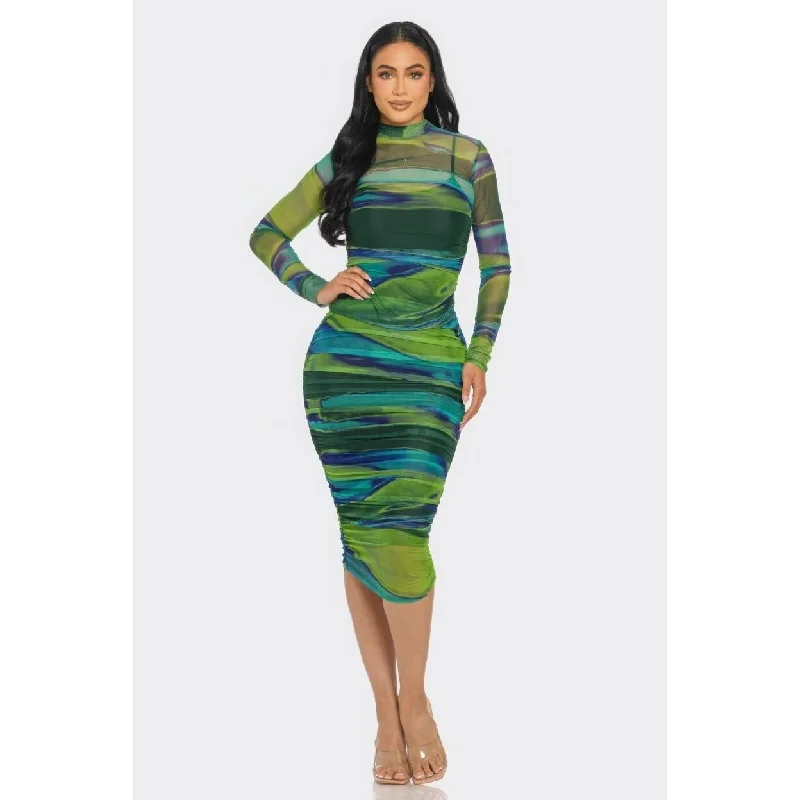 Peplum Hem DressGlitch Print Mesh Ruched Midi Dress