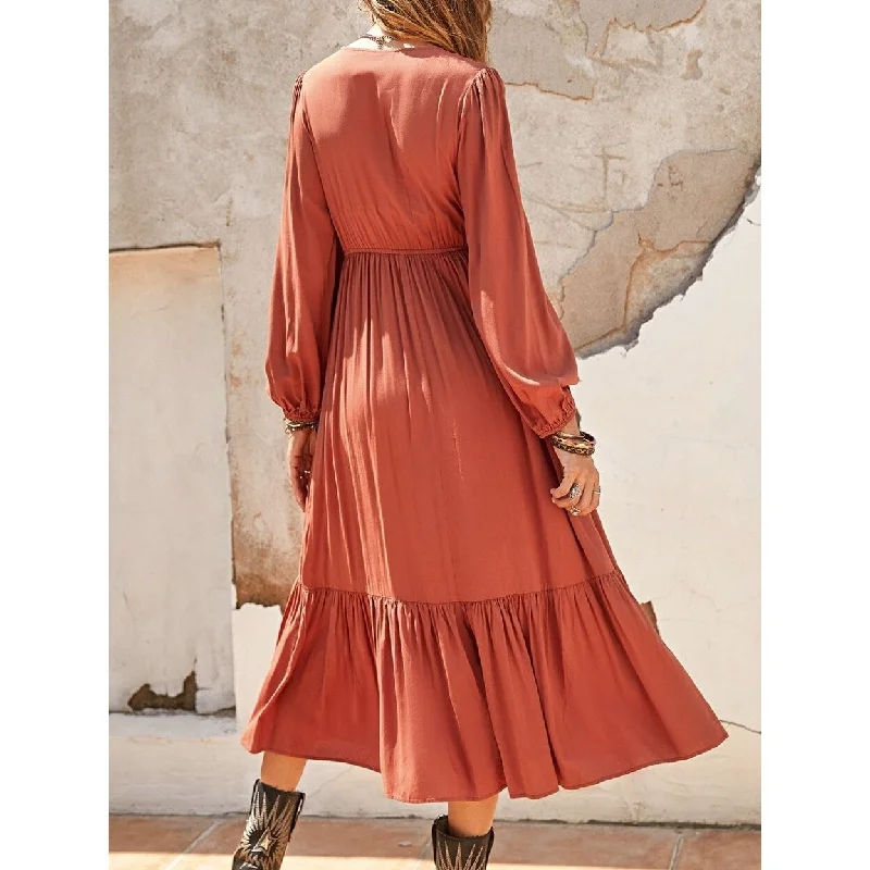 Velveteen DressRuched VNeck Long Sleeve Midi Dress