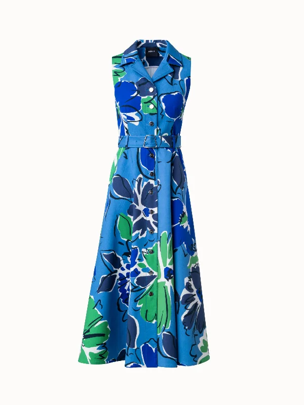 women's lightweight dressesMidi Dress in Cotton Silk Double-Face with Sketched Abraham Flower Print