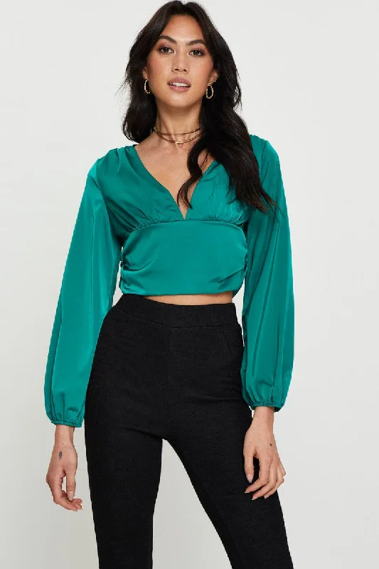 long-sleeved women's topsGreen Long Sleeve Ruched Top