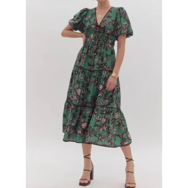 Designer DressEntro - Floral Tiered Midi Dress