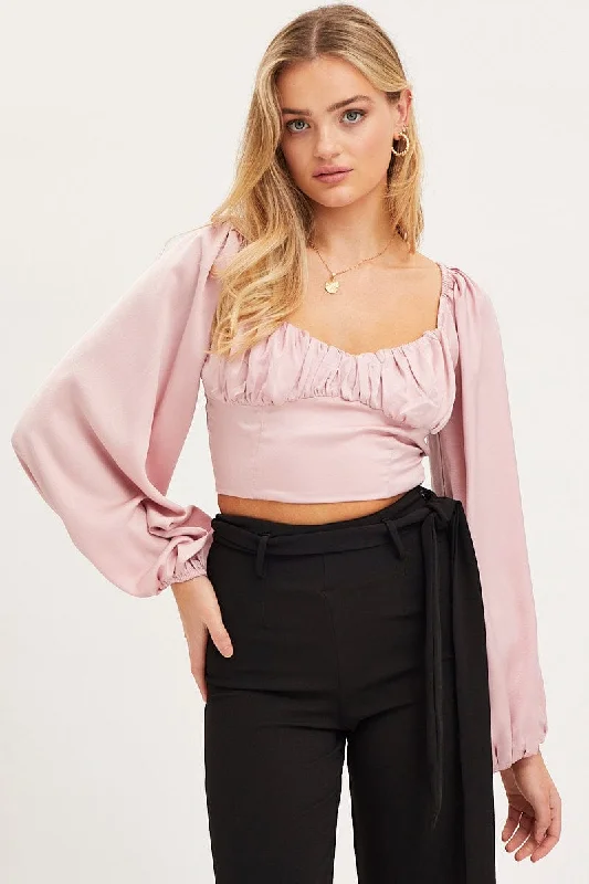 women's tops with built-in brasPink Puff Sleeve Top Long Sleeve Crop Satin