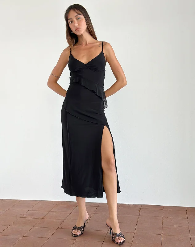 women's chiffon dressesJacy Ruffle Midi Dress in Mesh Black