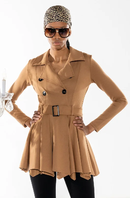 women's coats with pocketsSTRETCHY PEPLUM TRENCH JACKET IN SCUBA