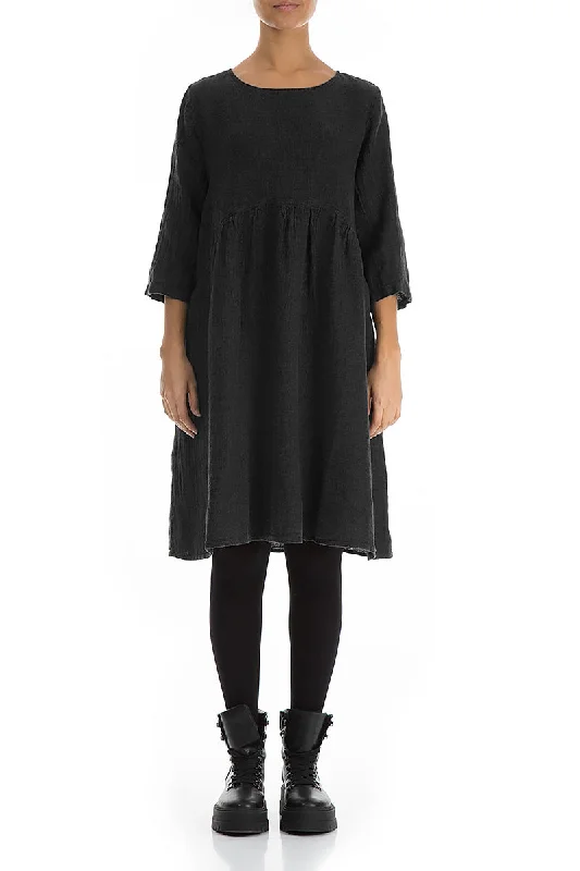 Peter Pan Collar DressFlared Black Mélange Linen Midi Dress