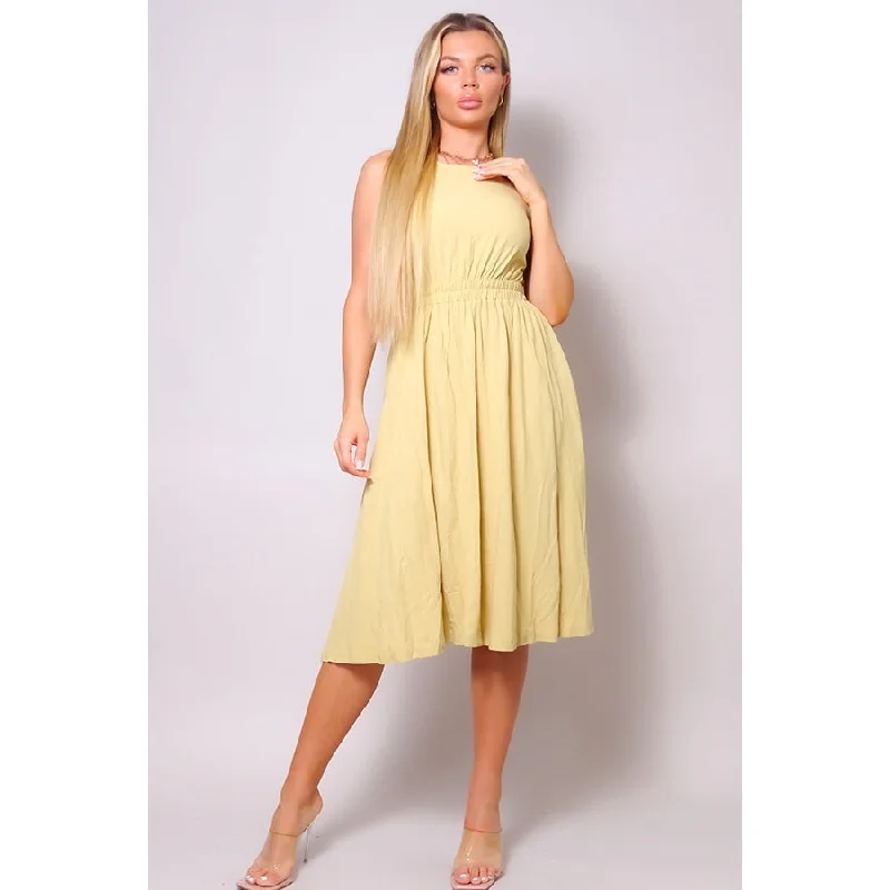 Ribbon DressSleeveless Back Cutout Linen Midi Dress