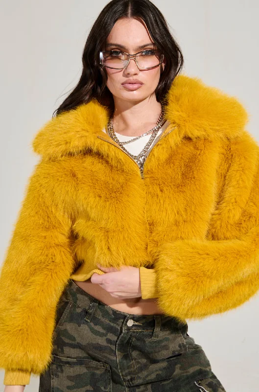 women's coats for those who love to mix and matchDREW FAUX FUR BOMBER IN YELLOW