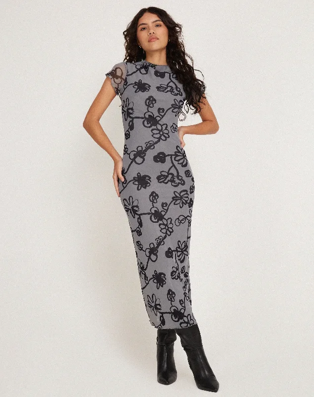 women's sustainable dressesMaruza Midi Dress in Mesh Doodle Flower Grey