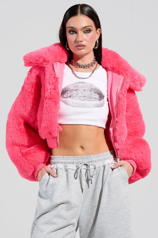 women's coats for vintage fashion enthusiastsDREW FAUX FUR BOMBER IN HOT PINK