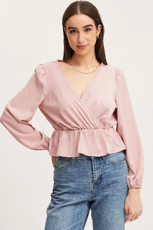 women's tops for creating capsule wardrobesPink Wrap Front Top Long Sleeve