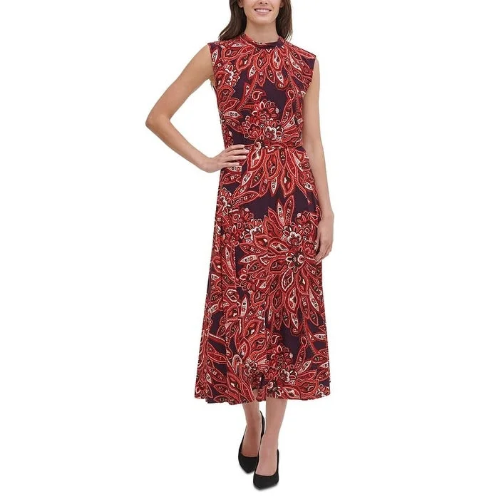 women's casual dressesTommy Hilfiger Women's Jersey Printed MIDI Dress Wine Multi Size 2