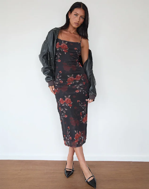 women's casual dressesNori Midi Dress in Watercolour Rose Black