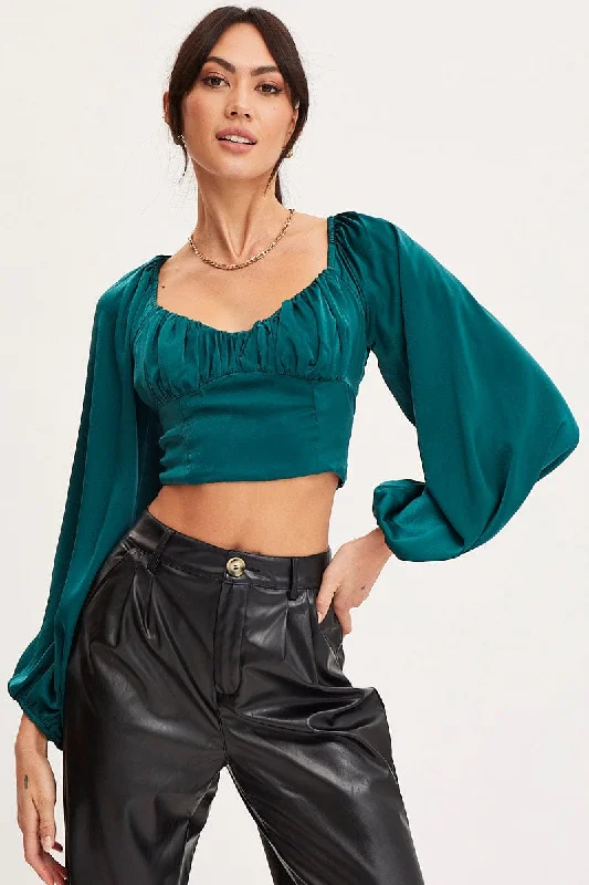 women's tops with embroidery detailsGreen Puff Sleeve Top Long Sleeve Crop Satin