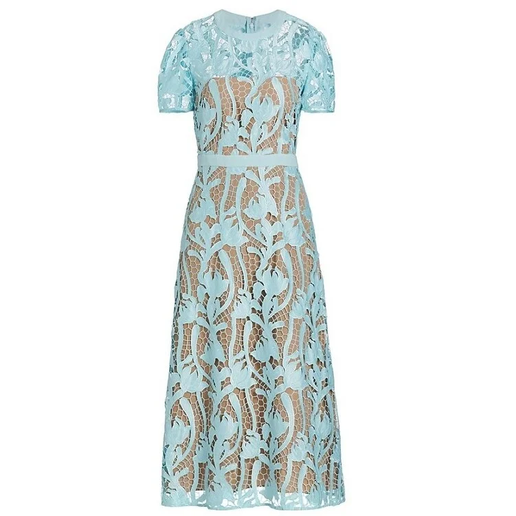 women's stylish dressesSelf Portrait Women's Light Blue Lace Short Sleeve Midi Dress