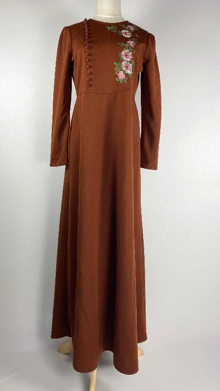 Empire DressLong Sleeve Maxi Dress with Flower Embroidery, Brown