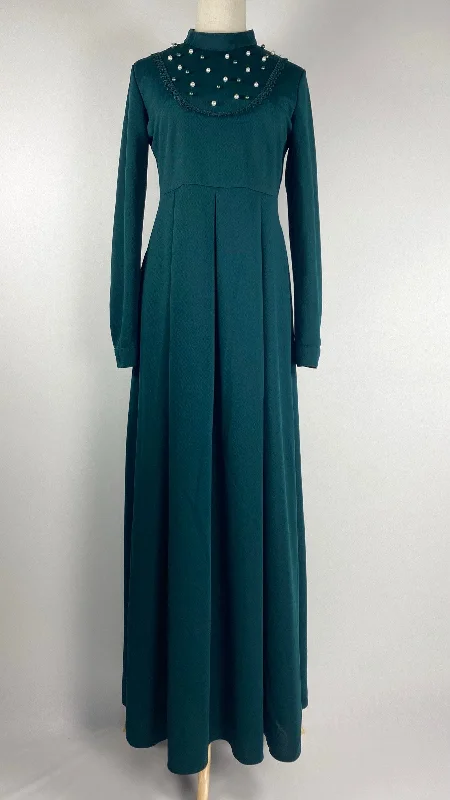 Mermaid DressLong Sleeve Maxi Dress with Pleats + Pearls, Green