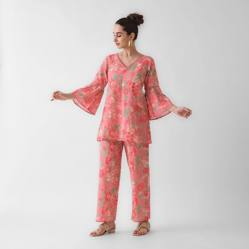 Peach Floral Cotton Co-ord Set with Flared Sleeves