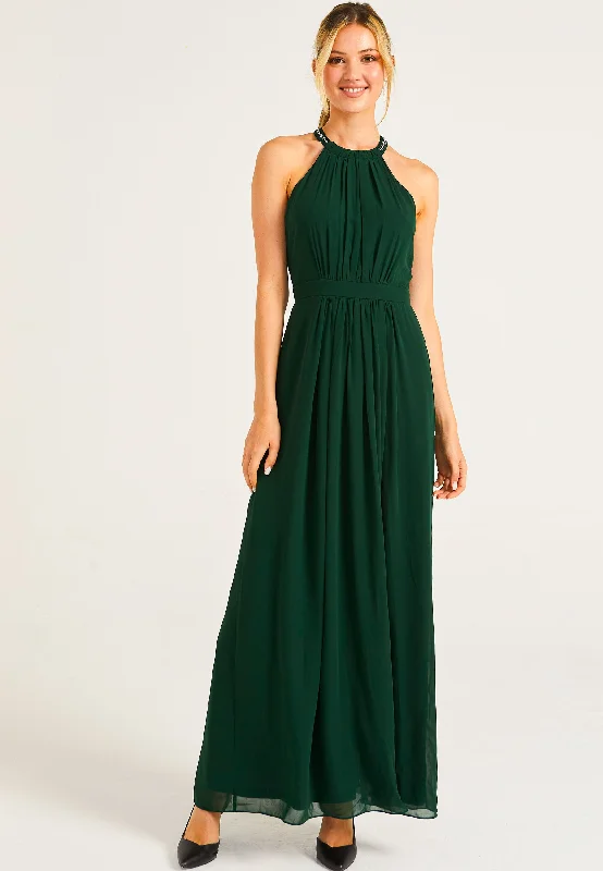 Custom DressBeaded Halterneck Maxi Dress in Emerald Green