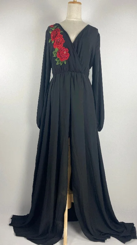 women's empire waist dressesLong Sleeve Maxi Dress with Red Embroidery, Black