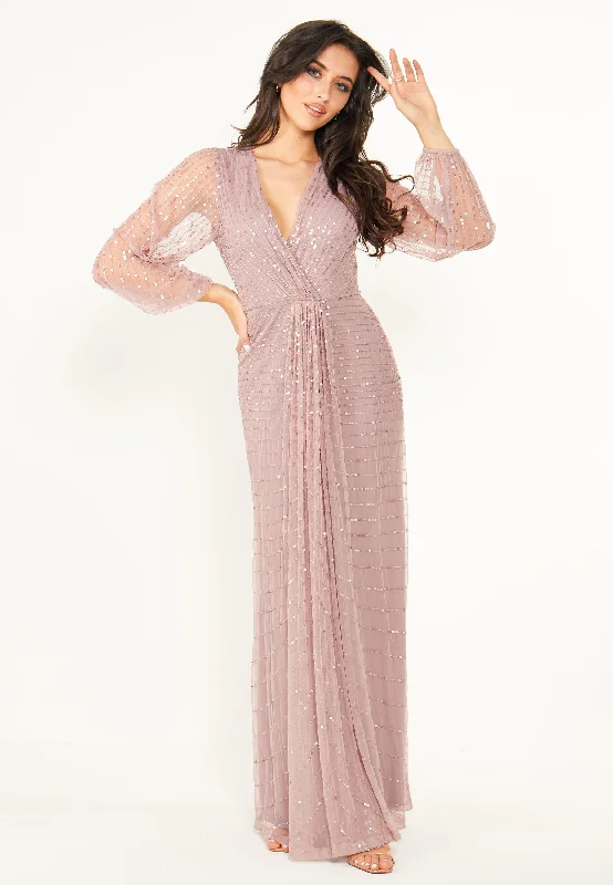 Cocktail DressEmbellished Long Mesh Sleeve Maxi Dress in Lavender