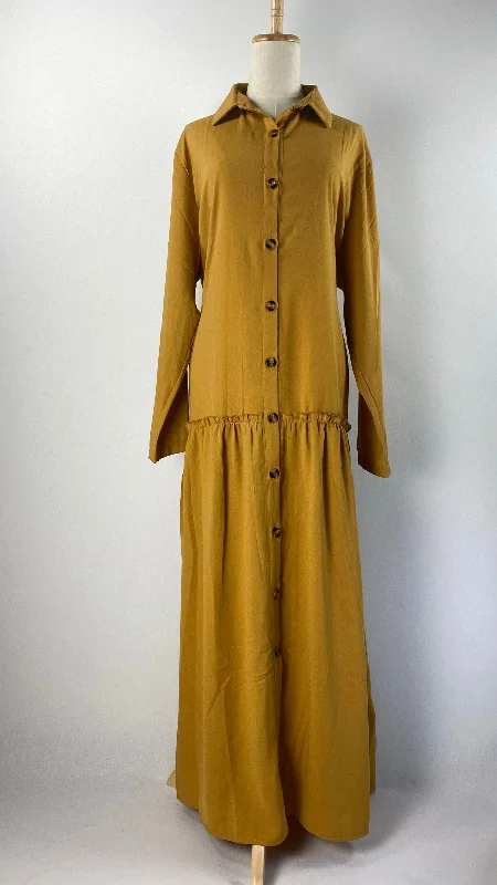 High-Neck DressLong Sleeve Button Up Maxi Dress, Mustard