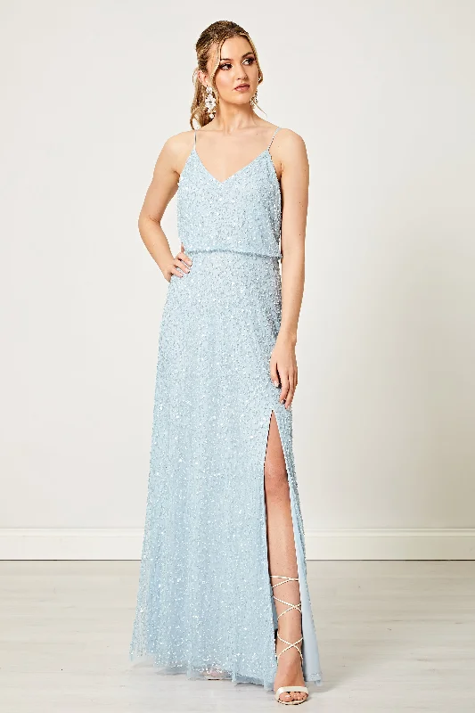 women's party dressesScatter Embellished Sequin Maxi Dress in Silver Blue