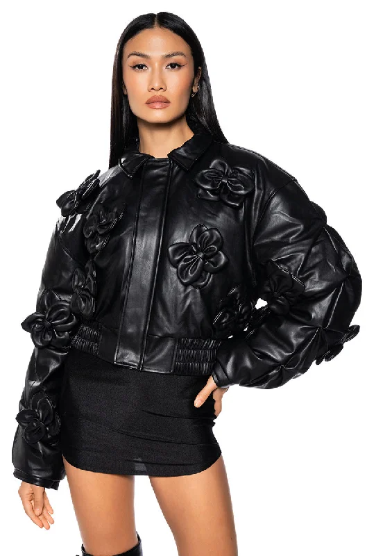 IN BLOOM FAUX LEATHER BOMBER