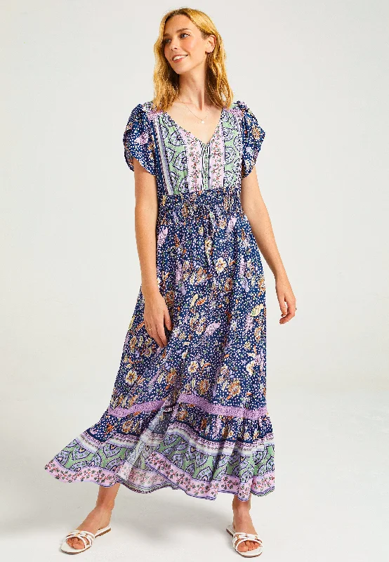 women's pear-shaped body dressesFloral Summer Maxi Dress with Elasticated Waist in Navy