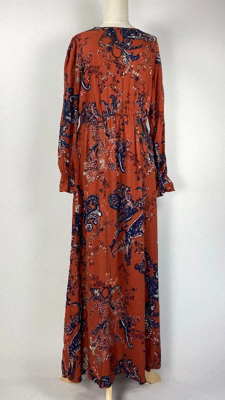 Bridesmaid DressLong Sleeve Printed Maxi Dress, Burnt Orange