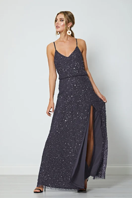 Laced-Up DressScatter Embellished Sequin Maxi Dress in Gunmetal