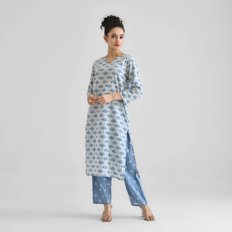 Light Blue Lotus Dabu Printed Cotton Co-ord Set with Notch Neckline