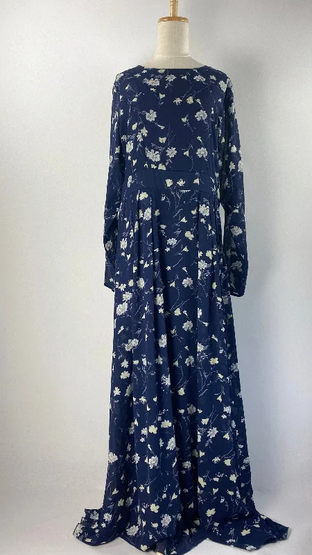 Halter DressLong Sleeve Maxi Dress with Flower Print, Navy