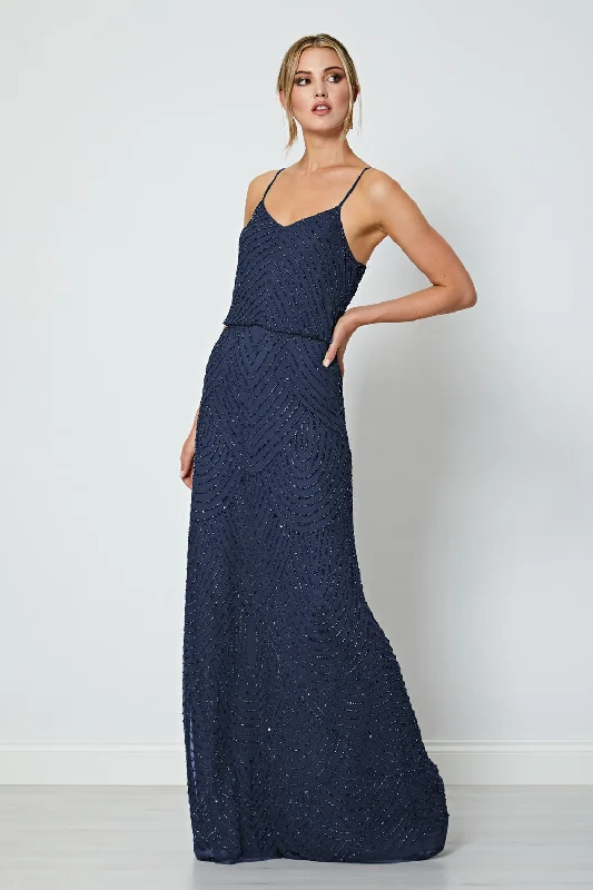 women's stretchy dressesCami Sequin Stripe Embellished Maxi Dress in Navy