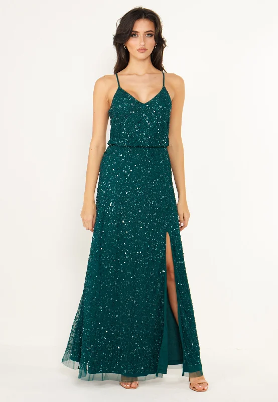 A-Line DressScatter Embellished Sequin Maxi Dress in Emerald Green