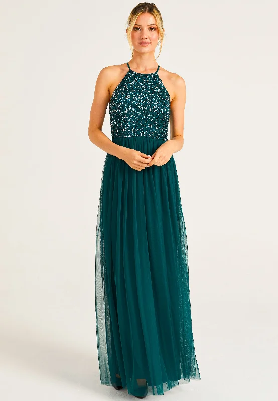 women's bridesmaid dressesEmbellished Halter Neck Maxi Dress in Emerald Green